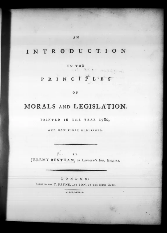 The title page of An Introduction to the Principles of Morals and Legislation (1789).