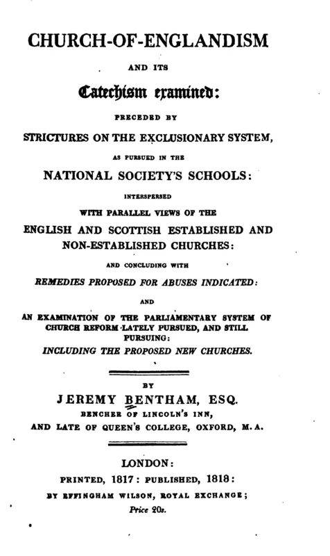 The title page of Church-of-Englandism and its Catechism Examined (1818), with Bentham's name.