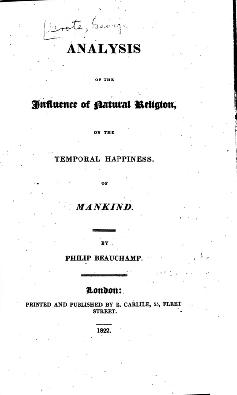 The title page of the Analysis of the Influence of Natural Religion, "by Philip Beauchamp," printed by Richard Carlile in 1822.