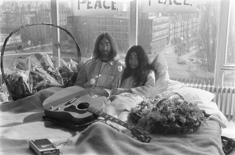 Lennon and Yoko Ono at their "bed-in" for peace at the Amsterdam Hilton in March 1969.