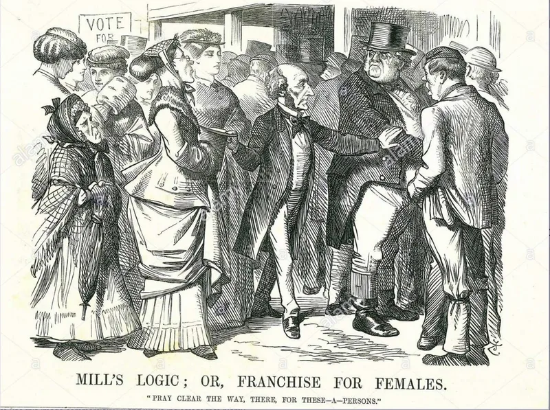 Punch, 30 March 1867: Mill asks John Bull to give women the vote. Tenniel's cartoon from Mill's years in Parliament.