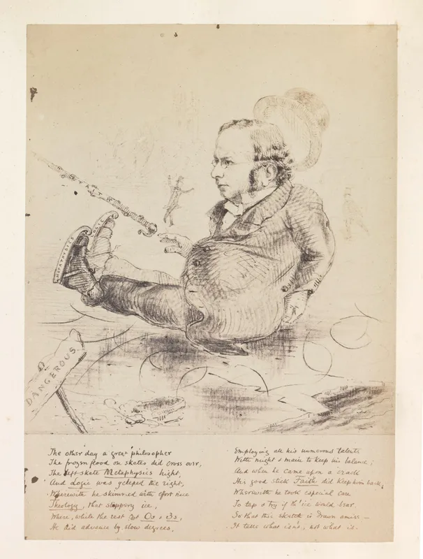 A caricature of Henry Mansel slipping on the ice of theology, from the 1860s.