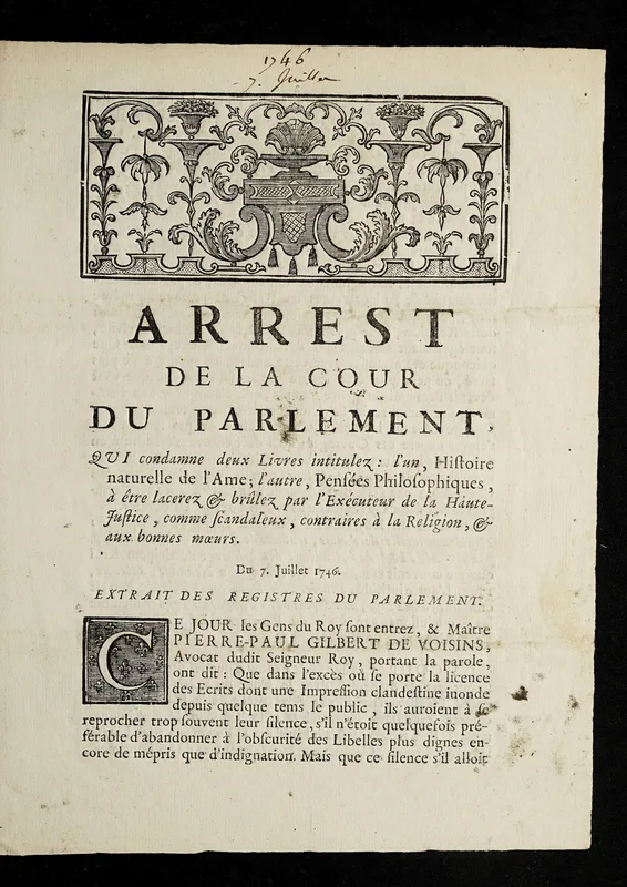 The arrêt of the Parlement of Paris of 1746 condemning the Histoire naturelle de l'âme.