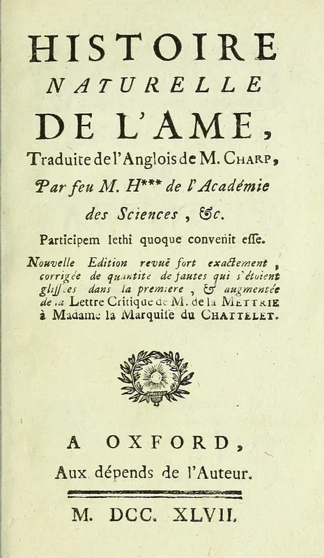 The title page of the Histoire naturelle de l'âme, in the edition of 1747.