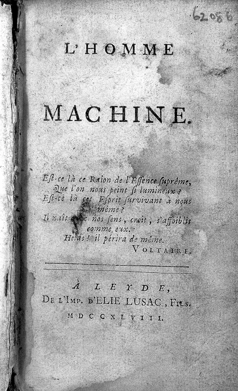 The title page of L'Homme machine, Leiden, Elie Luzac, 1748.
