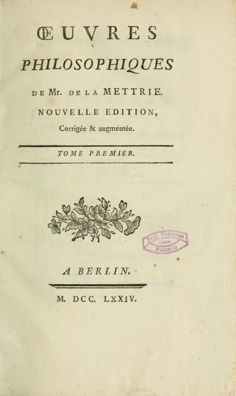 The title page of his Œuvres philosophiques, in a later edition of 1774.