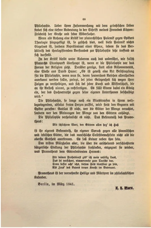 Page 68 of Mehring's edition with Marx's dissertation preface and its Prometheus motto.