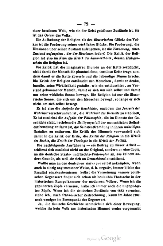 Page 72 of the Deutsch-Französische Jahrbücher (1844), with "Sie ist das Opium des Volks."