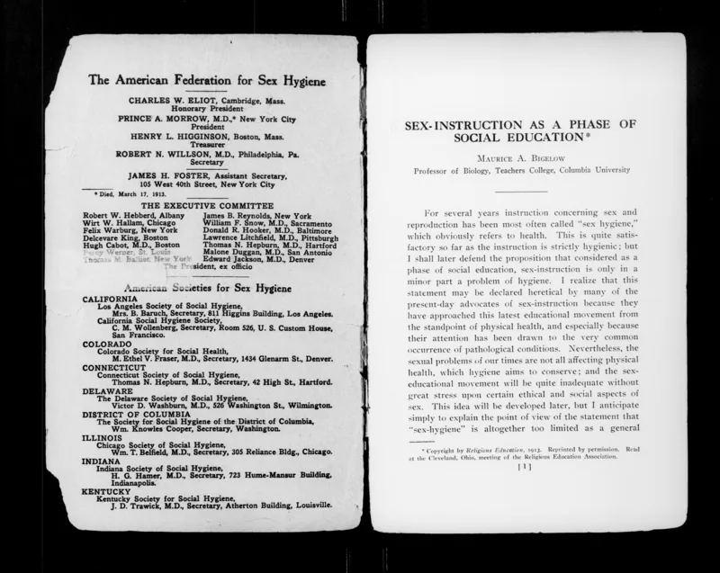 The executive committee of the American Federation for Sex Hygiene, 1913, listing her father, "Thomas N. Hepburn, M.D., Hartford."