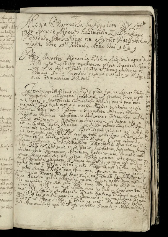 A manuscript copy of the prosecutor's speech against Łyszczyński, 1689, preserved in Poland.