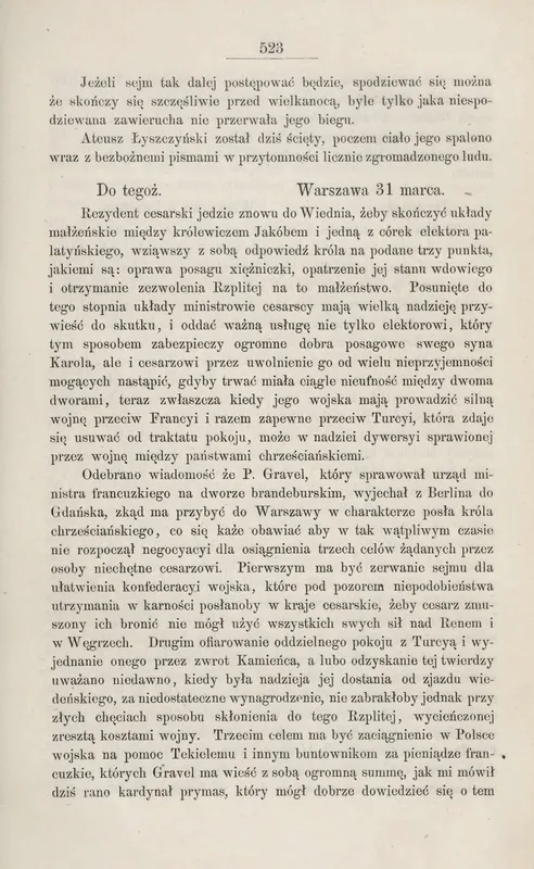 A page of Rykaczewski's edition of the nuncio's letters (1864), with the report of the execution.