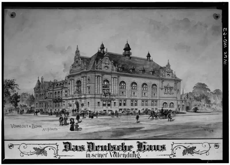 Das Deutsche Haus in Indianapolis, the German House designed by Vonnegut & Bohn, in the architects' own perspective drawing.