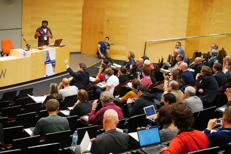 Leo Igwe lecturing at the European Council of Skeptical Organisations congress, 2017.