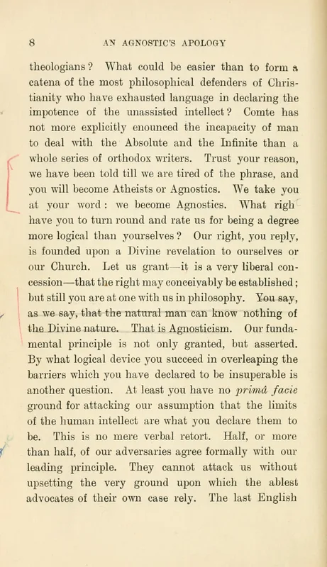 The page of An Agnostic's Apology where Stephen writes, "We take you at your word: we become Agnostics."