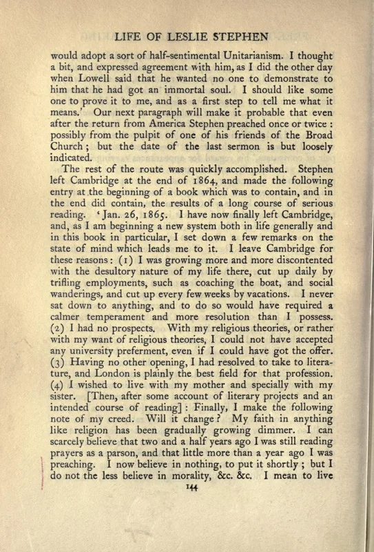 The page of Maitland's Life and Letters of Leslie Stephen (1906) that prints his private note of 26 January 1865: "I now believe in nothing."