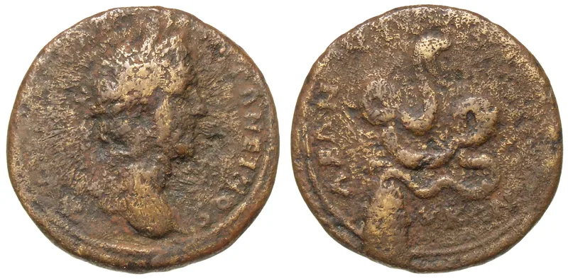 A coin of Abonoteichos showing the serpent god Glycon. Coins like this confirm that Alexander's cult was real, though everything else about it comes from Lucian.