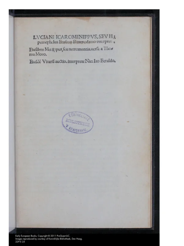 Lucian's Icaromenippus, in which Menippus flies up to heaven, in the Latin translation of Erasmus and Thomas More, printed in 1519.