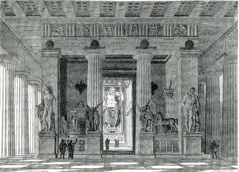 The interior of the Temple of Zeus at Olympia with Phidias's statue, as reconstructed by Jakob von Falke in 1887. At the Games a Cynic compared Peregrinus to this statue.