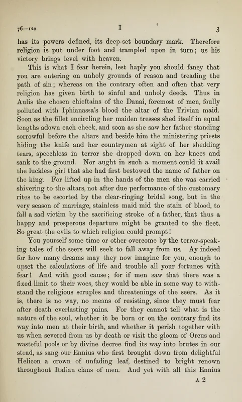 Munro's translation of Book I: "So great the evils to which religion could prompt!"
