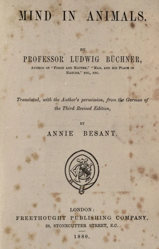 The title page of Mind in Animals, translated by Annie Besant (1880).