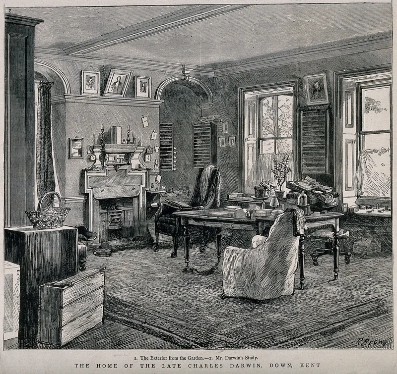 Down House, the exterior and Darwin's study, a wood engraving by J. R. Brown.