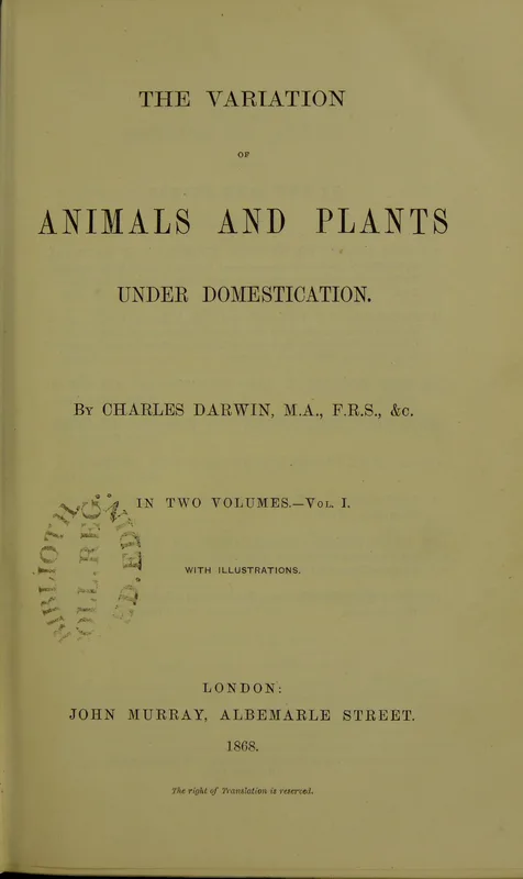 The title page of Darwin's The Variation of Animals and Plants under Domestication (1868).