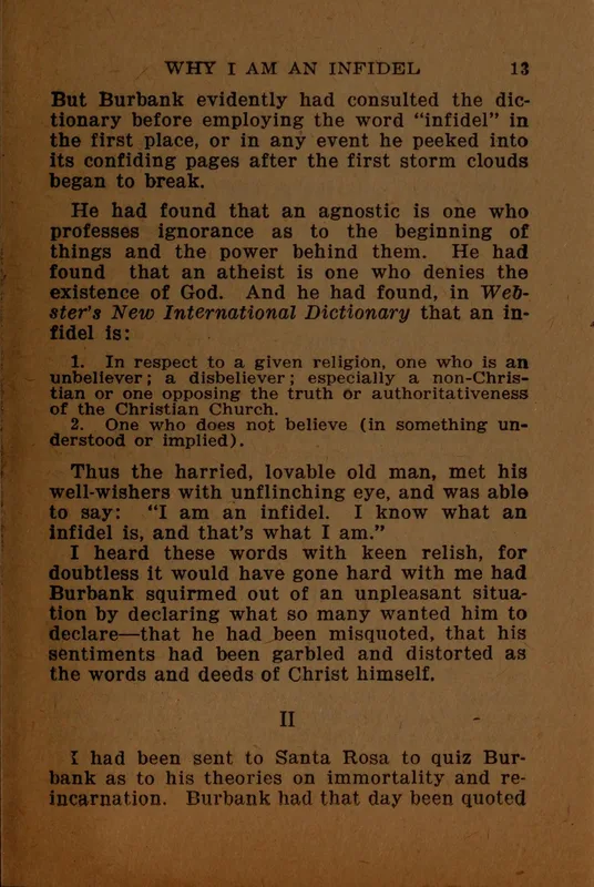Why I Am an Infidel, the pamphlet that reprinted the interview, page 13: "I am an infidel".