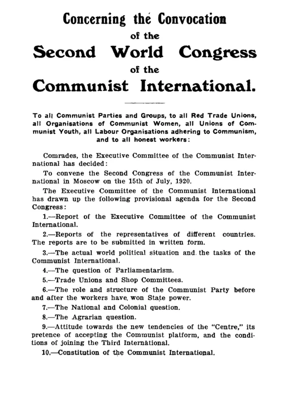 The convocation notice of the Second Congress of the Communist International, 1920, listing "The National and Colonial question."