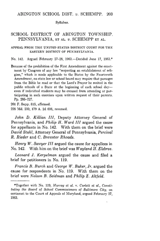 The first page of the Supreme Court's opinion in Abington School District v. Schempp, decided with Murray v. Curlett on 17 June 1963.