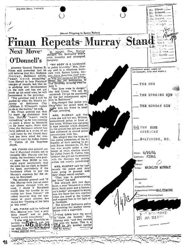 The Baltimore Sun of 28 June 1964 reporting the Attorney General's refusal to pursue her, as clipped in her FBI file.