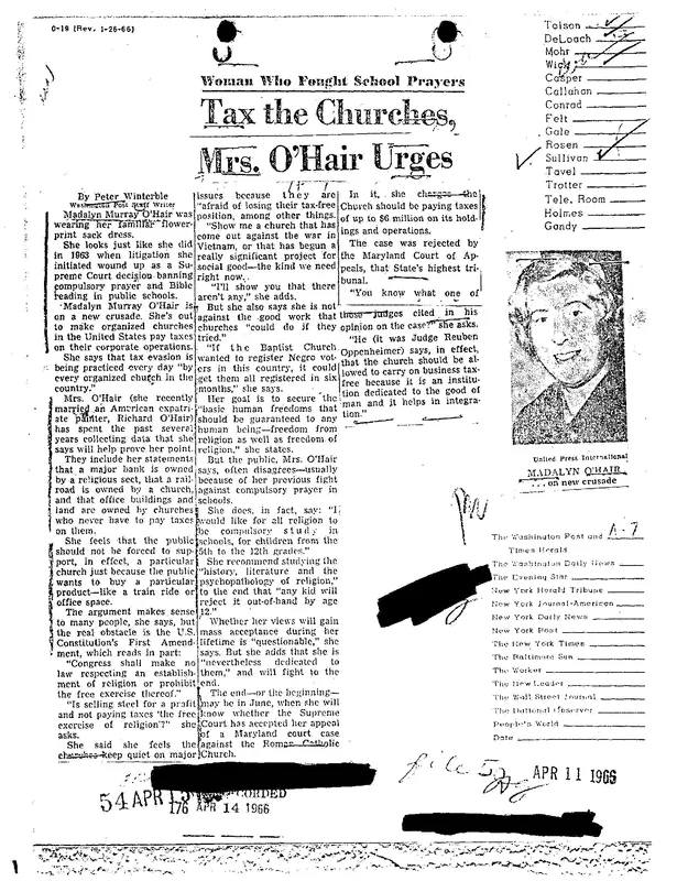 The Washington Post report of April 1966 on her campaign to tax the churches, from her FBI file.