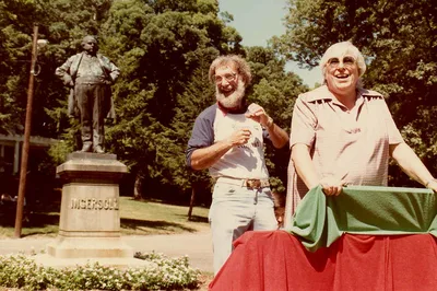 Madalyn Murray O'Hair in 1983, in front of the Ingersoll statue in Glen Oak Park, Peoria.