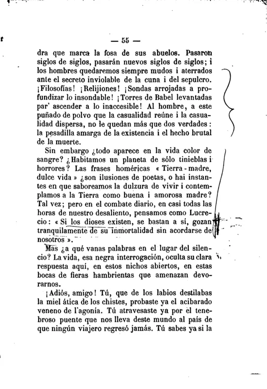Page 55 of Pájinas libres (Paris, 1894): the burial speech for Luis Márquez, "we think like Lucretius."
