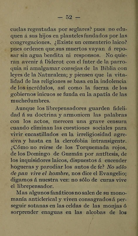 Page 52 of Horas de lucha (Lima, 1908), from "Librepensamiento de acción": "the freethinker does not live by priests alone."