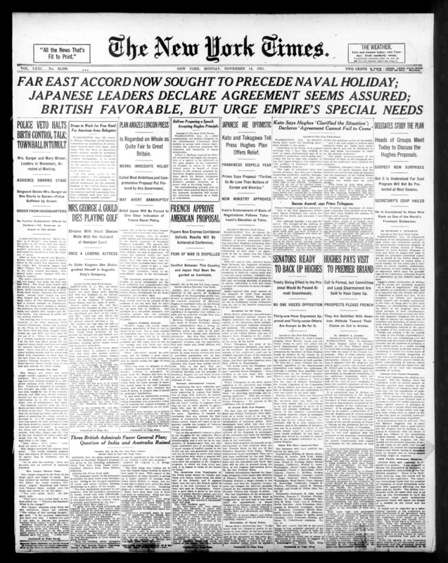 The New York Times, 14 November 1921: "Police Veto Halts Birth Control Talk; Town Hall in Tumult".