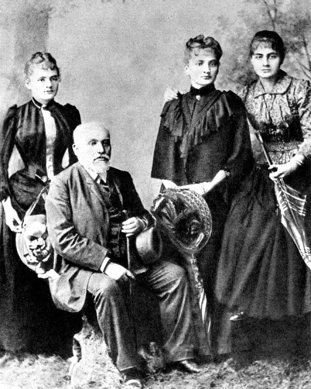 Władysław Skłodowski with his daughters Maria, Bronisława and Helena in 1890.