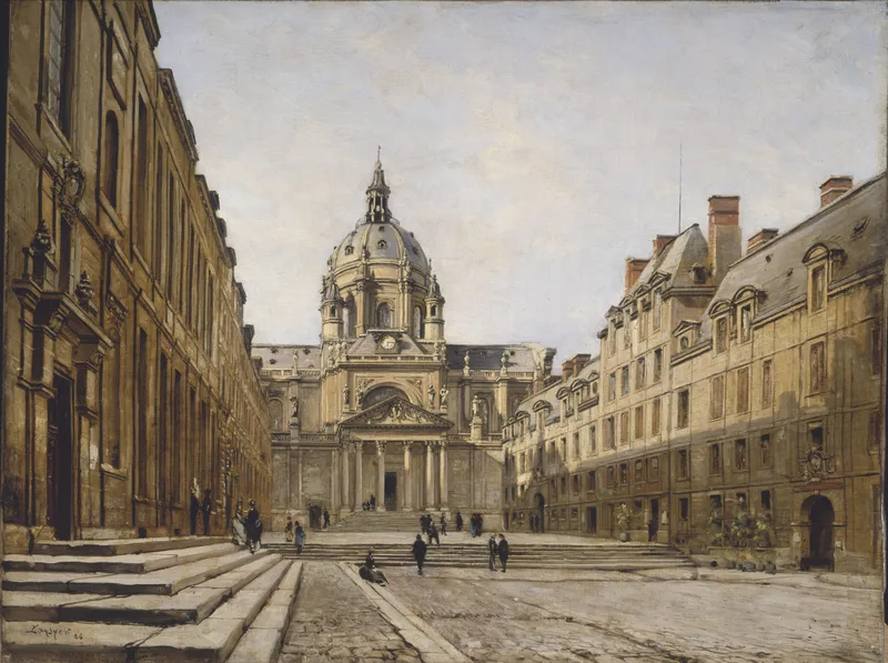 The old court of the Sorbonne, painted by Maurice Lansyer in 1886, five years before she came to study there.