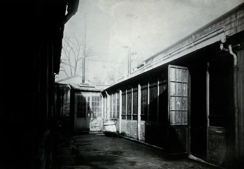 The courtyard and shed of the Curies' laboratory in Paris, about 1900.