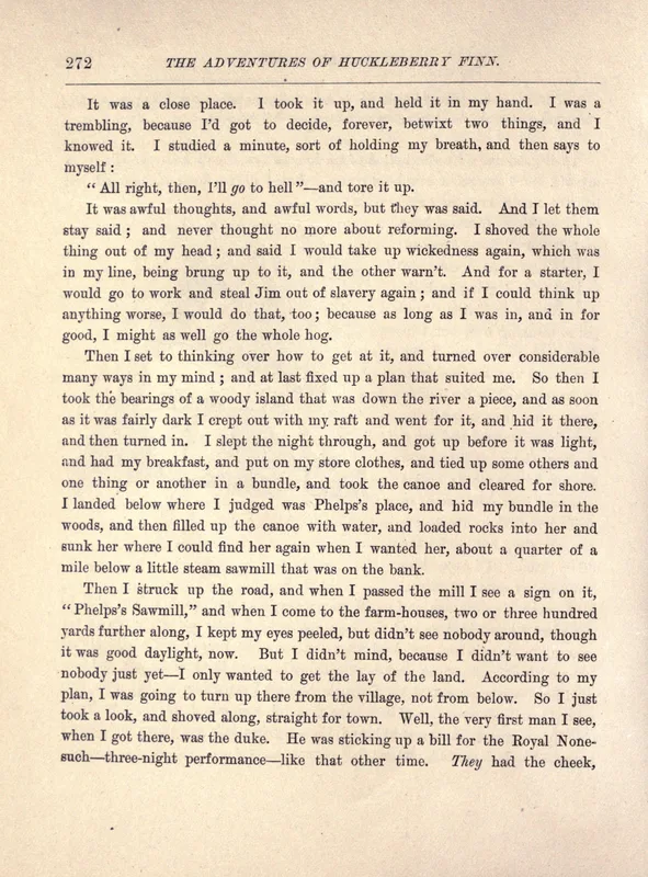 The page of the 1885 first edition where Huck tears up the letter: "All right, then, I'll go to hell."