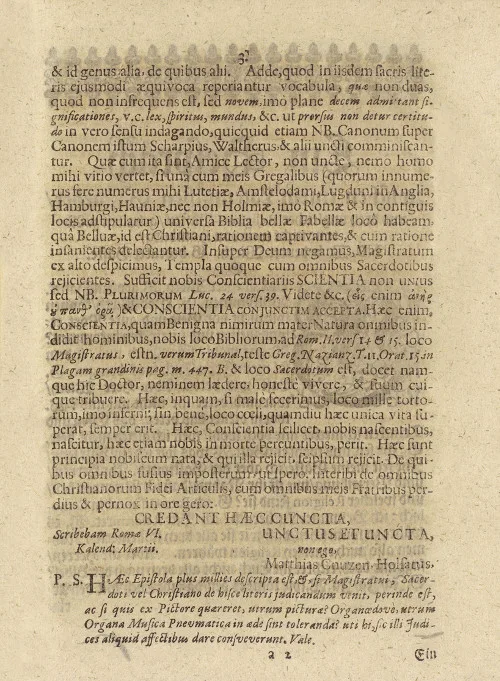 The closing lines of Knutzen's Latin letter, as Musaeus printed it in 1675: "Credant haec cuncta, unctus et uncta ... Matthias Cnuzen Holsatus".