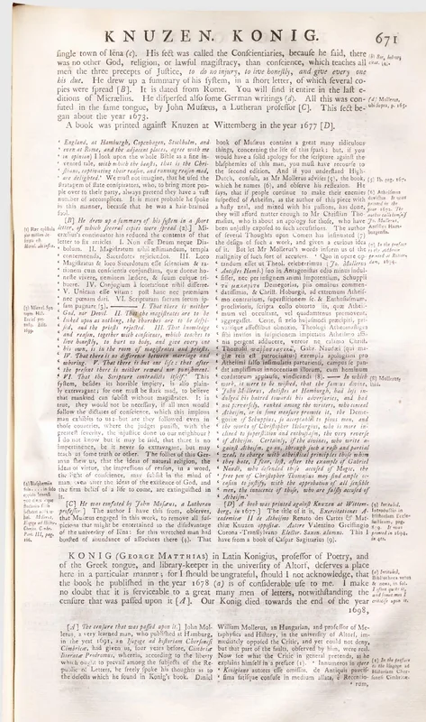 Bayle's Dictionary in English, 1734–38, volume III, page 671: the article KNUZEN.