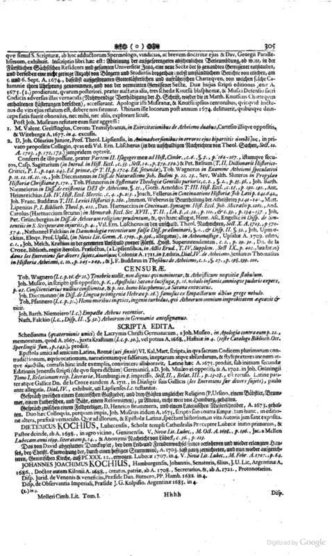 Johann Möller's Cimbria literata (1744), page 305: the end of the entry on Knutzen.