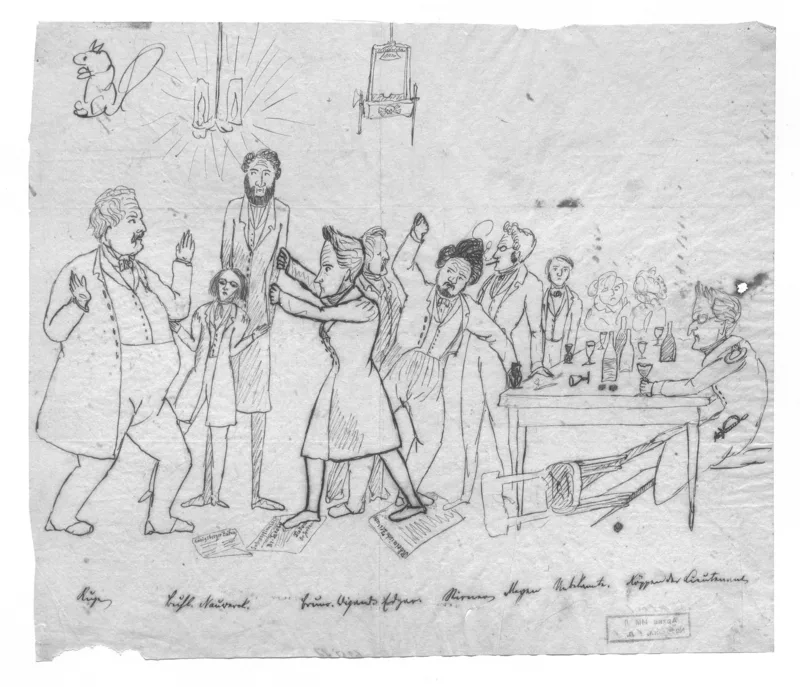 Engels's own sketch of the Free Ones at Hippel's, 1842.
