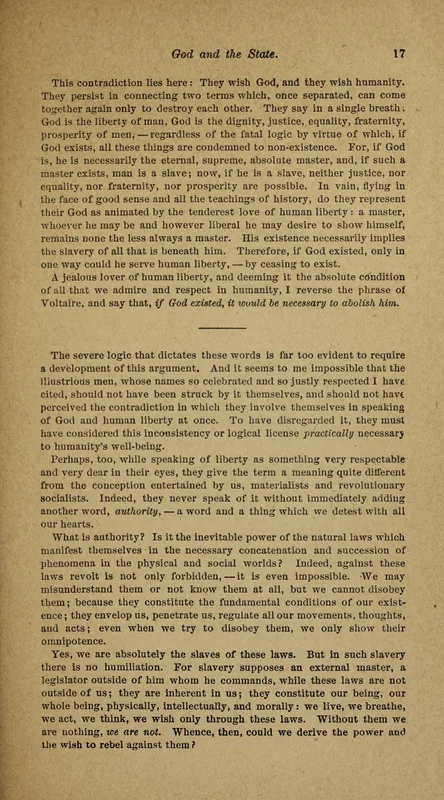 Page 17 of Tucker's translation of God and the State (1895), with the sentence that reverses Voltaire.