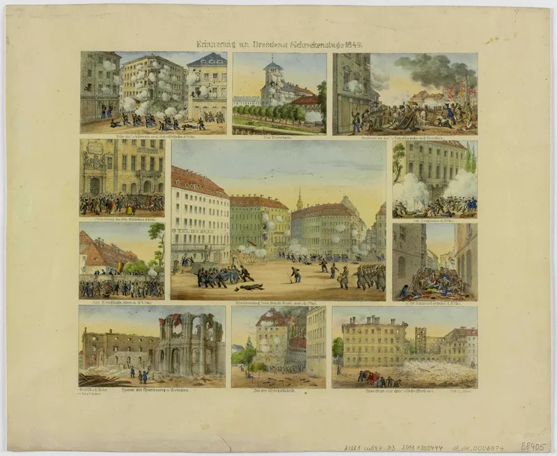 Dresden during the May rising of 1849, in which Bakunin fought.