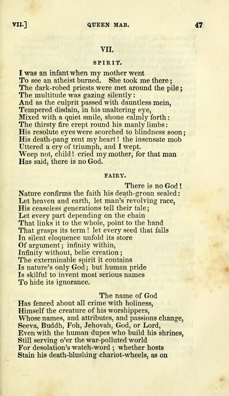 Page 47 of Queen Mab: "There is no God!"