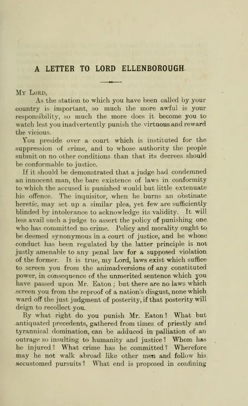 The first page of the Letter to Lord Ellenborough, Shelley's defence of the bookseller Daniel Eaton (1812), in an 1894 reprint.