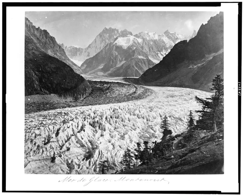 The Mer de Glace from Montanvert, photographed about 1860; an entry in the inn's visitors' book there is attributed to Shelley.