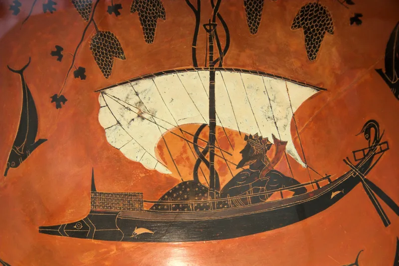 Dionysus at sea, on a cup painted by Exekias about 530 BCE.