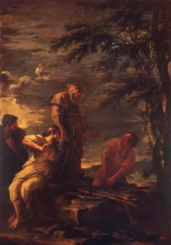 Democritus and Protagoras, by Salvator Rosa, 1663–64. The painting shows the story that the philosopher Democritus noticed the young Protagoras tying bundles of wood.